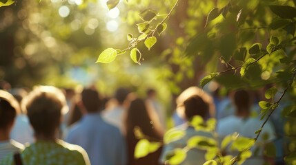 Amidst the blur of green trees and grass a group of worshipers stand in peaceful contemplation at the outdoor church service.