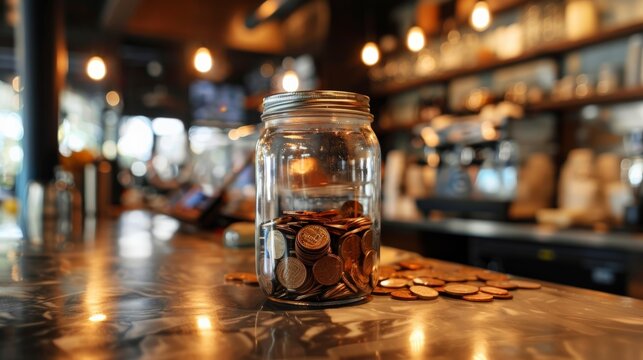 Money jar full of tips on a cafe counter at the end of a day