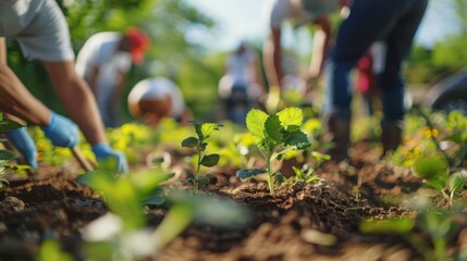 Fototapeta premium Hazy snapshot of volunteers digging and weeding in a garden.