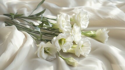 Obraz premium A dainty lisianthus bouquet rests on a soft surface