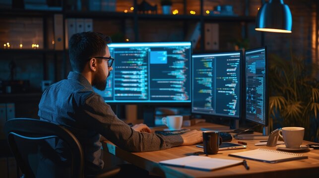 A software developer works on code late into the night, illuminated by the glow of multiple computer screens in a modern office. AIG41