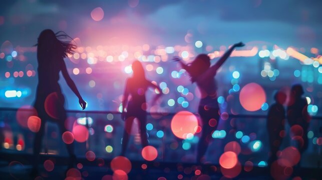 Energetic performers are silhouetted against a defocused cityscape creating a striking backdrop.