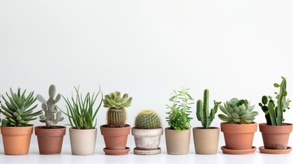 Fototapeta premium Assortment of potted desert plants on white backdrop with empty space