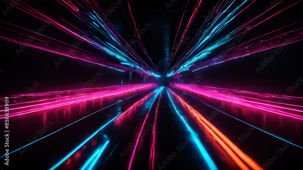 Poster create an abstract image with dynamic neon light streaks in vibrant colors, weaving and intersecting