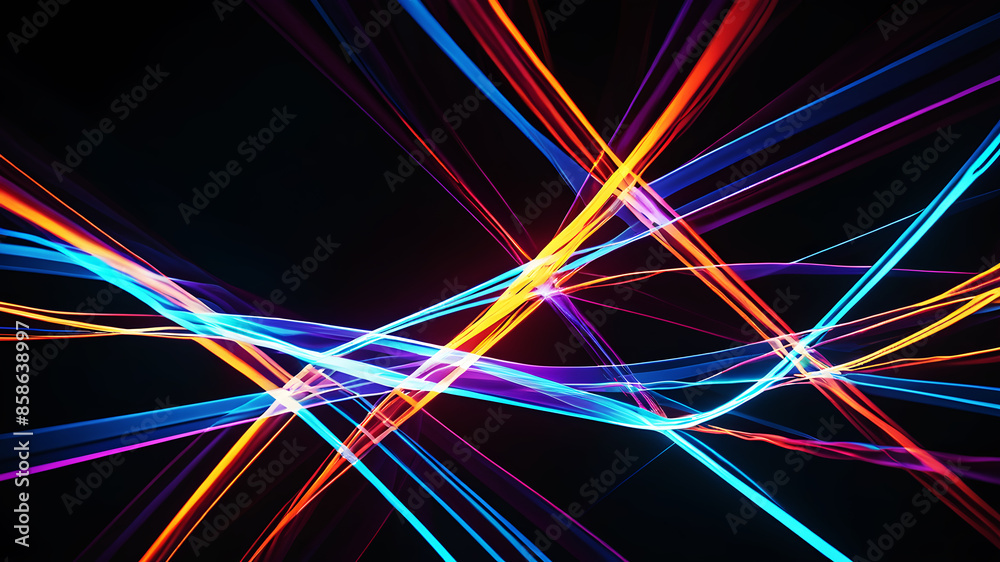 Poster create an abstract image with dynamic neon light streaks in vibrant colors, weaving and intersecting