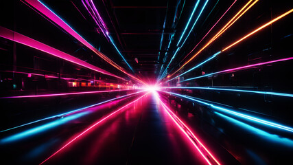 Create an abstract image with dynamic neon light streaks in vibrant colors, weaving and intersecting against a dark background