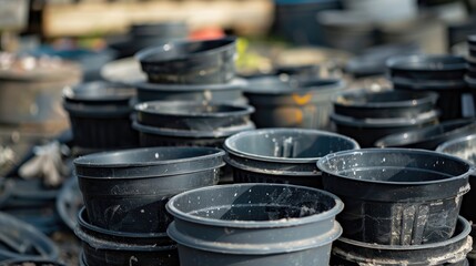 Close up of stacked empty black plastic planter pots on discarded containers