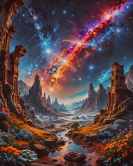 A fantasy landscape at night with vibrant colors. 