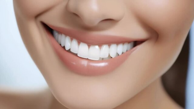 Close-up image of a young woman's smile with perfect white teeth visible. The woman appears to be caucasian, creating a joyful and healthy mood. Teeth are straight and well-aligned.