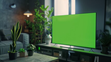 Fototapeta premium Stylish Loft Apartment Interior with TV Set with Green Screen Mock Up Display Standing on Television Stand. Empty Cozy Living Room of Spacious Flat with Chroma Key Placeholder on Monitor.