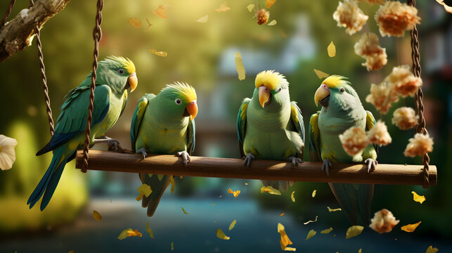 Overjoyed parakeets enjoying a swing, feathers ruffled in aerial glee.