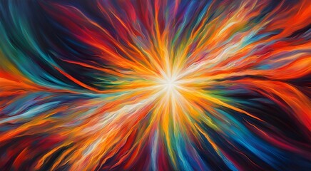 A colorful painting of a bright yellow sun surrounded by a rainbow of colors