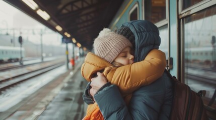 A touching farewell between a parent and a child both trying to hold back tears at the train station.