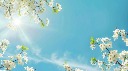 Blossoming cherry branches against sunny blue sky with space for text A lovely spring scene