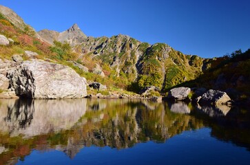 Fototapeta premium 秋の氷河公園 天狗池に映る槍ヶ岳