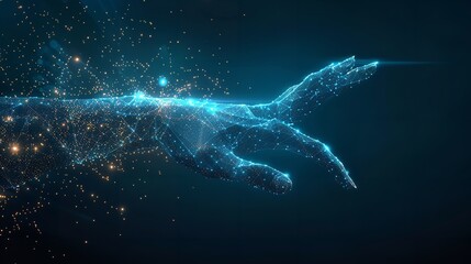 Abstract Digital Human Hand Touching on Glowing Dot in Technology Background