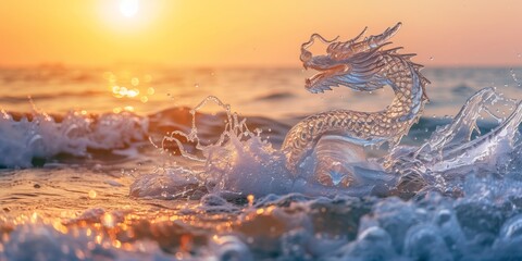 On a warm summer at dawn, a cheerful water dragon appeared in the splash of a wave