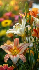 Obraz premium Close-up of blooming lilies with dew drops in a vibrant garden, nature detail and freshness concept