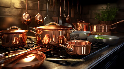 Polished copper pots and pans