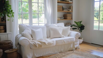 A white couch with pillows and a plant on it