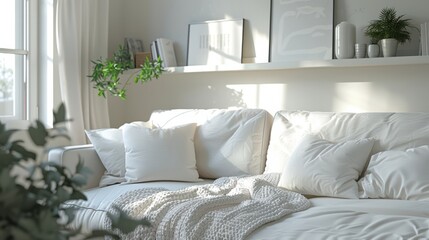 A white couch with pillows and a blanket on it