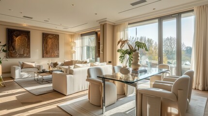 Fototapeta premium A large living room with a glass table and white furniture