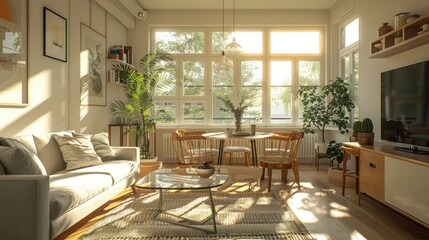 Obraz premium A bright and airy living room with a large window and a potted plant