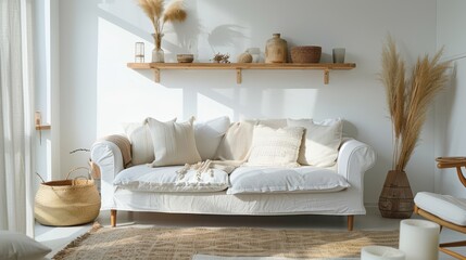 A living room with a white couch and a brown rug