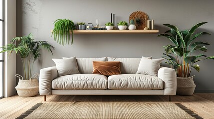 A living room with a white couch and a brown pillow
