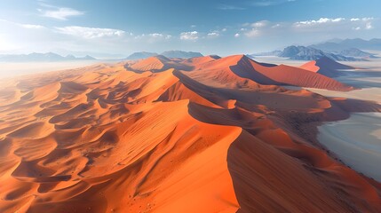 Vast and Tranquil Desert Landscape with Undulating Sand Dunes from Above