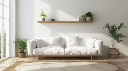 Fototapeta premium A white couch sits in a living room with a window in the background