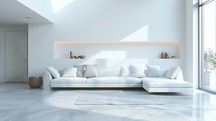 A white couch is in a room with a white wall and a white rug