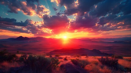 Naklejka premium Vibrant Sunset Over Captivating Desert Landscape Dunes Silhouette in Warm Tones