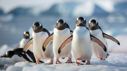 Obraz premium Gentoo penguins waddling in a row, AI Generative.