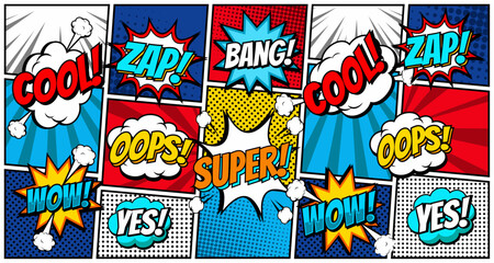 Comic book bubbles. Cartoon explosions funny comical speech clouds, comics words, thinking bubbles and graphic conversation text elements vector illustration set. Comic book emotional bubbles