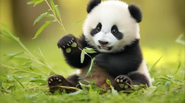 panda is eating grass