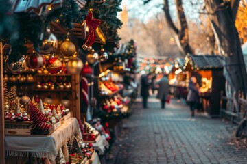 Christmas market with stalls selling ornaments and gifts
