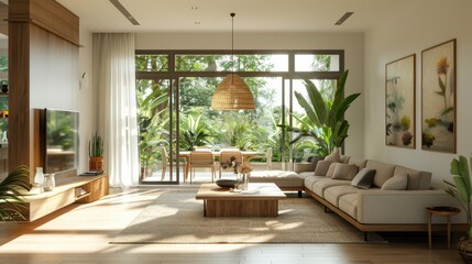 A living room with a large window and a hanging lamp