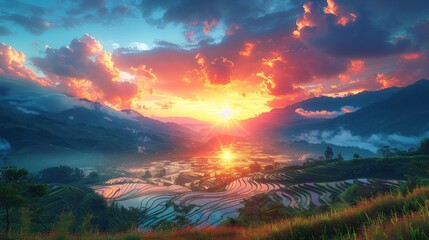 Rice terraces under a dramatic sunset sky, isolated on a white background. 