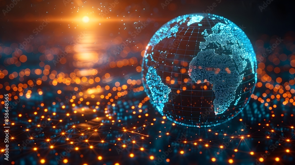 Poster pulsating global network illuminating shimmering sphere in boundless digital expanse