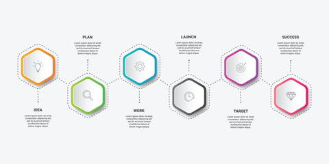Timeline infographic with infochart. Modern presentation template with 6 spets for business process. Website template on white background for concept modern design. Horizontal layout.