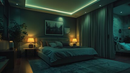 A bedroom with a bed, nightstand, and a plant