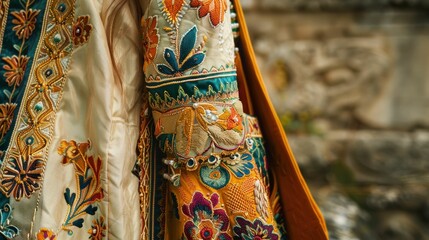 Naklejka premium Colorful embroidered dress close up ornate fashion clothing with intricate embroidery and detailed sleeves