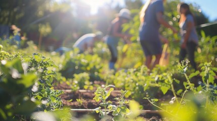 Defocused view of a group working with plants in a community garden.