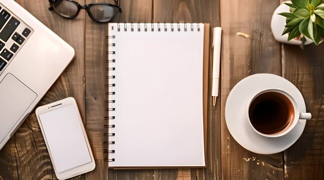 Office table with blank notebook and laptop / Coffee cup