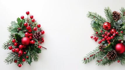 Festive Christmas arrangement on white background with text space