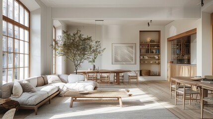 Fototapeta premium A large open living room with a white couch, a coffee table, and a potted tree