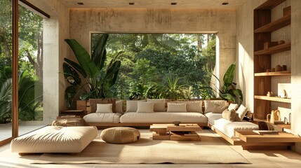 Obraz premium A large living room with a view of a lush green forest