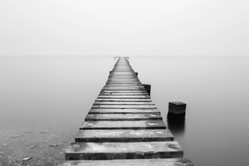 Fototapeta premium Monochrome image of a wooden jetty extending into fog, evoking mystery and solitude, ideal for themes of exploration and reflection.
