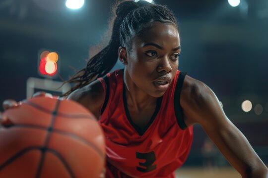 Woman basketball player on court during game wearing red uniform.
